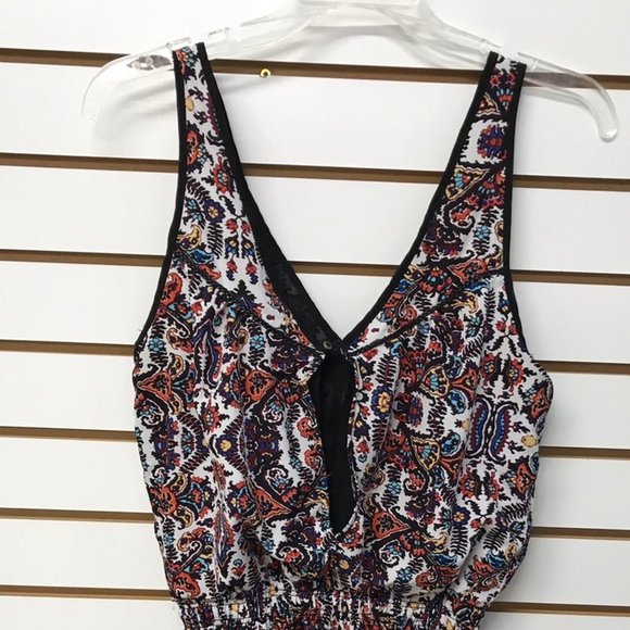 Dex Smocked Waist Festival Print Chiffon Mini Dress with Faux Leather Trim - Picture 3 of 4